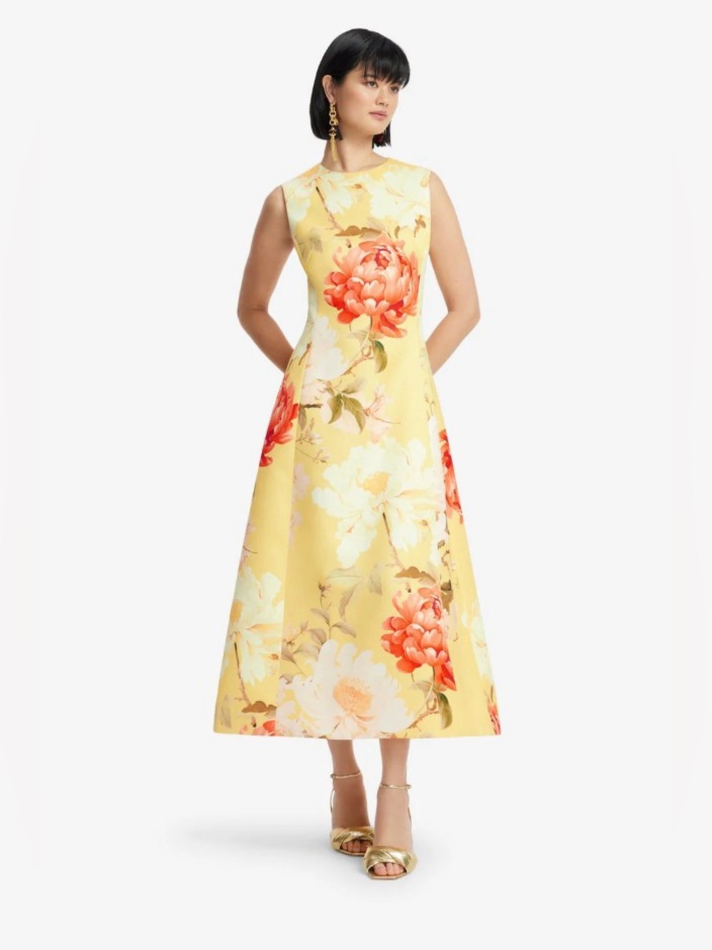 LEO LIN Cleo Yellow Orange Floral Print Sleeveless A-Line Midi Dress AU8/US4 - Picture 6 of 6